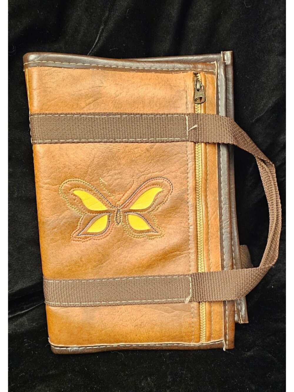 Butterfly Leather Bible Cover With Handles - Brown & Yellow - Handmade Storage C